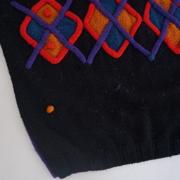 Vintage '80S Bay Club 30% Wool Black Knit w Multicolor Pom Pom Crew Sweater L - Picture 7 of 12